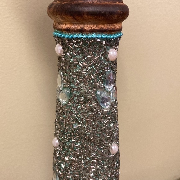 NWT GORGEOUS BEADED & JEWELED 15" WOODEN CANDLESTICK - Picture 3 of 10